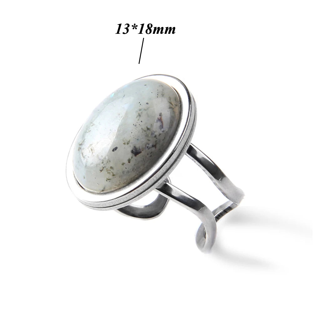 Cabochon Natural Stone Ring 10*14MM Oval Agates Turquois Quartzs Gem Finger Ring Silver Color Adjustable Open Rings Jewelry Gift