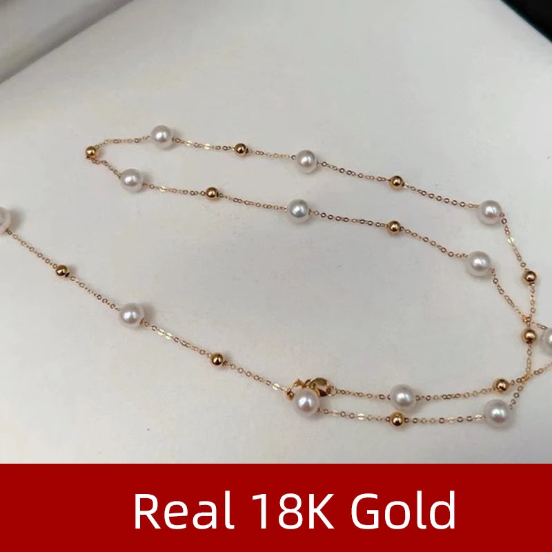 XF800  Solid 18K Gold Natural Pearl Necklace Au750 Fine Jewelry Chocker Round Aniversary Gift For Women White X536