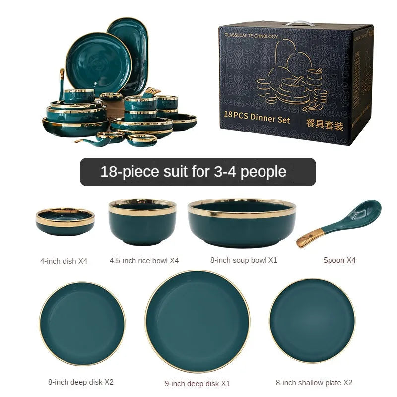 18 pcs Ceramic Tableware Set Nordic Green Phnom Penh Salad Plate Soup Rice Bowl Set Household Kitchen Supplies Dinnerware