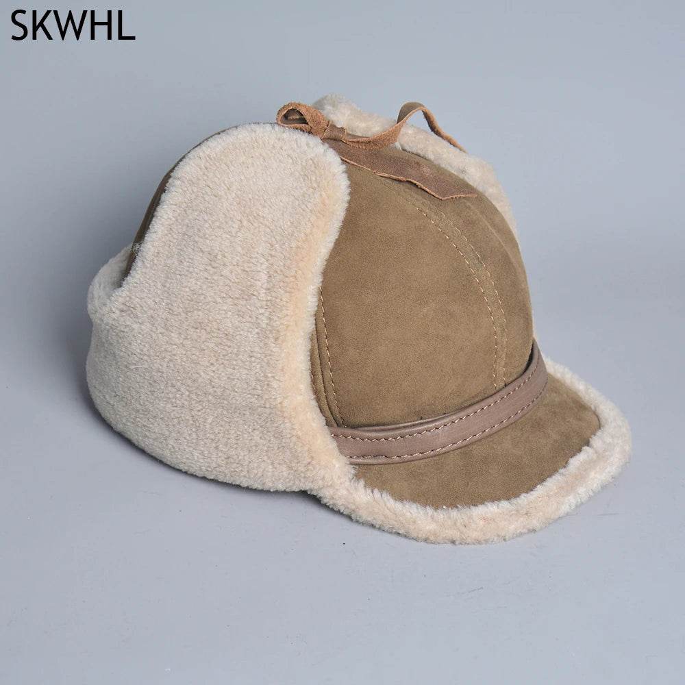 High Quality 2025 Winter Leather Hat Men Fur Lamb Wool Warm Thick Earflaps Bomber Hats Men's Baseball Cap Russian Hat - AIAZ