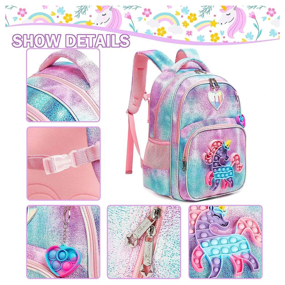 3pcs Kids Backpacks for Girls School Bag with Lunch Box Set Cute Bookbag for Primary School - AIAZ