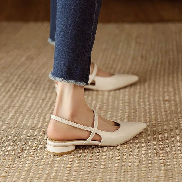 Summer Sandals Sheep Leather Women Shoes Pointed Toe Low Heel Women Pumps Genuine Leather Cover Toe Sandals for Women Handmade - AIAZ