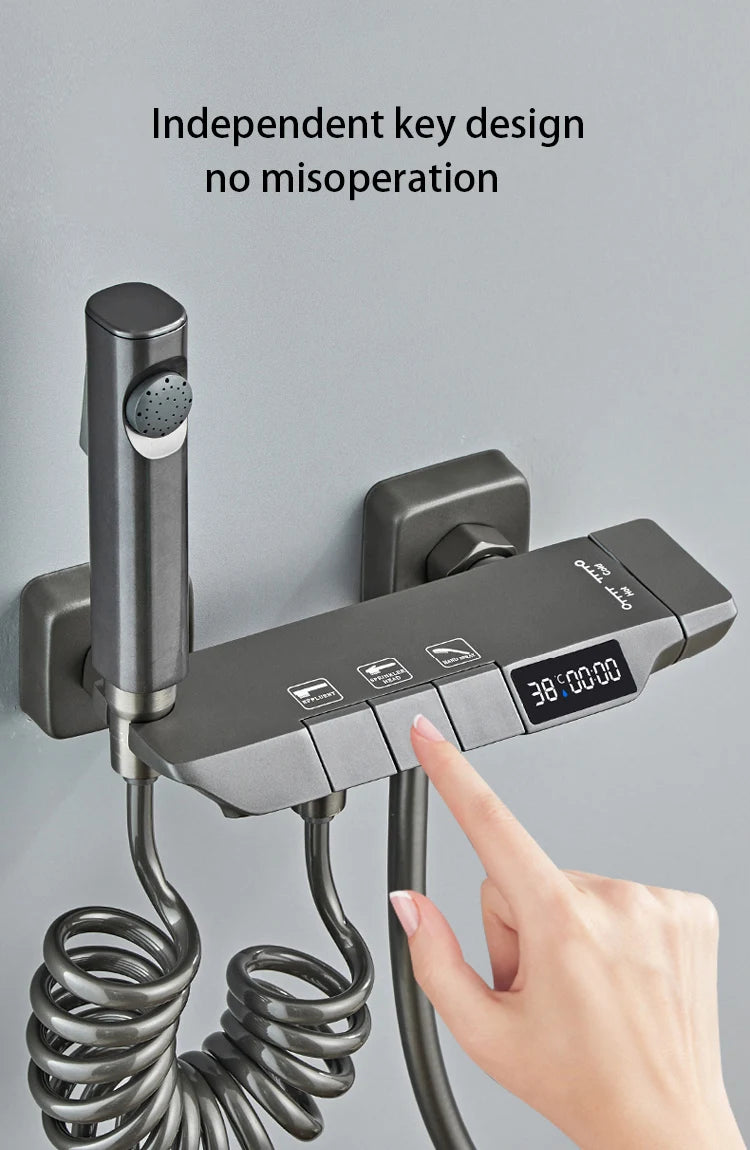 New Design Gun Grey Bathroom Shower System Set Piano Keys Brass LED Digital Shower Faucet Bath Hot and Cold Mixer Shower Tap Set