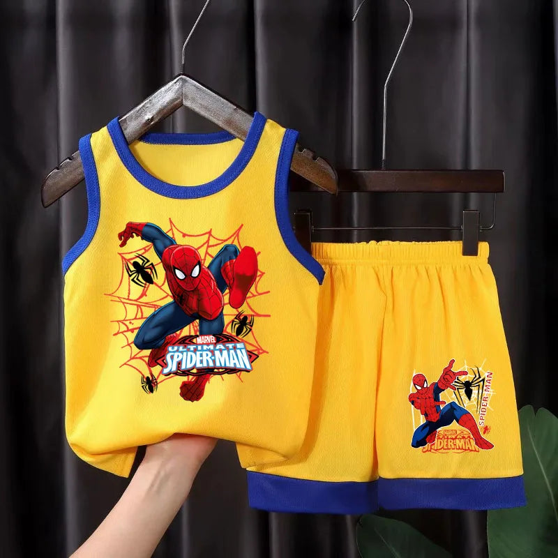 2025 Summer New Breathable Boys Vest Sets Anime Spiderman Children's Sleeveless Top Shorts Two Piece Suit Kids Casual Outfits