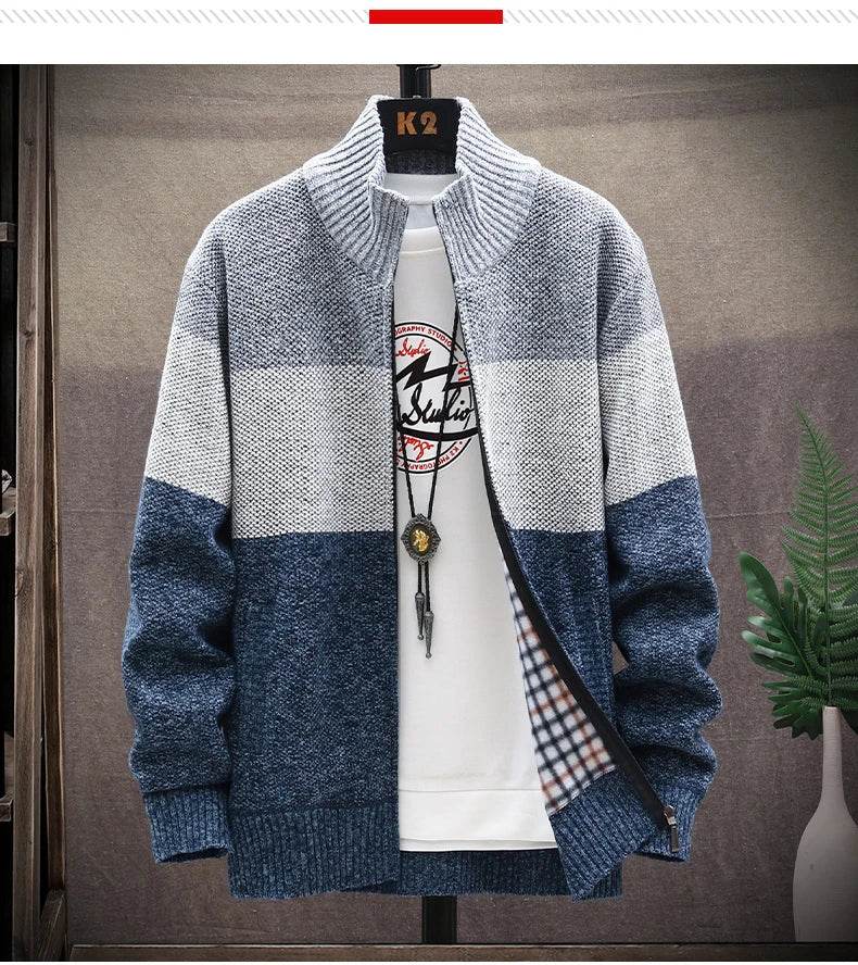 Autumn Winter Cardigan Sweater Men Fleece Zipper Sweaters Velvet Contrast Striped Sweater Coats Casual Jackets - AIAZ