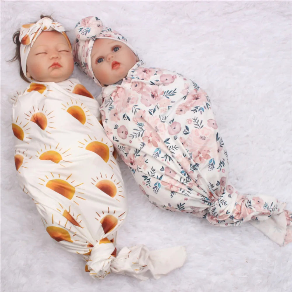 3pc/set Baby Swaddle Wrap New Born Receiving Blanket for Newborn Babies Accessories Soft Floral Headband Hat Bedding Baby Items