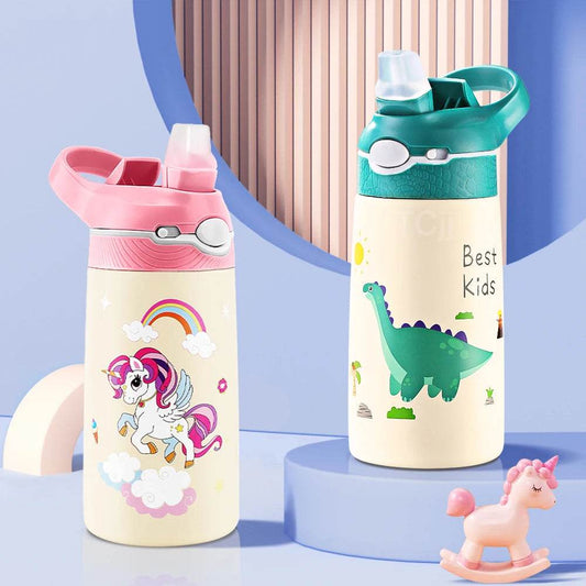 400ML Kids Water Bottle Cartoon Animal Children's Cup With Straw Stainless Steel Vacuum Flacks Thermos Bottle Thermal Mug Cups - AIAZ