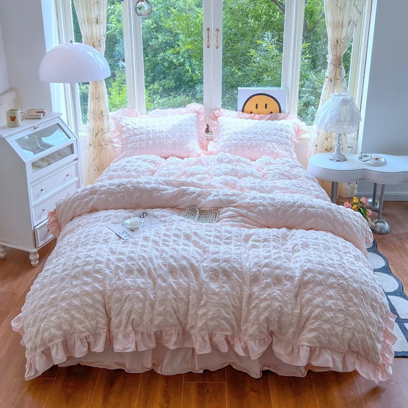 Korean Princess Style Lace Ruffles Bedding Set Skin-friendly Soft Seersucker Duvet Cover Set Bed Sheet Or Bed Skirt Pillowcases