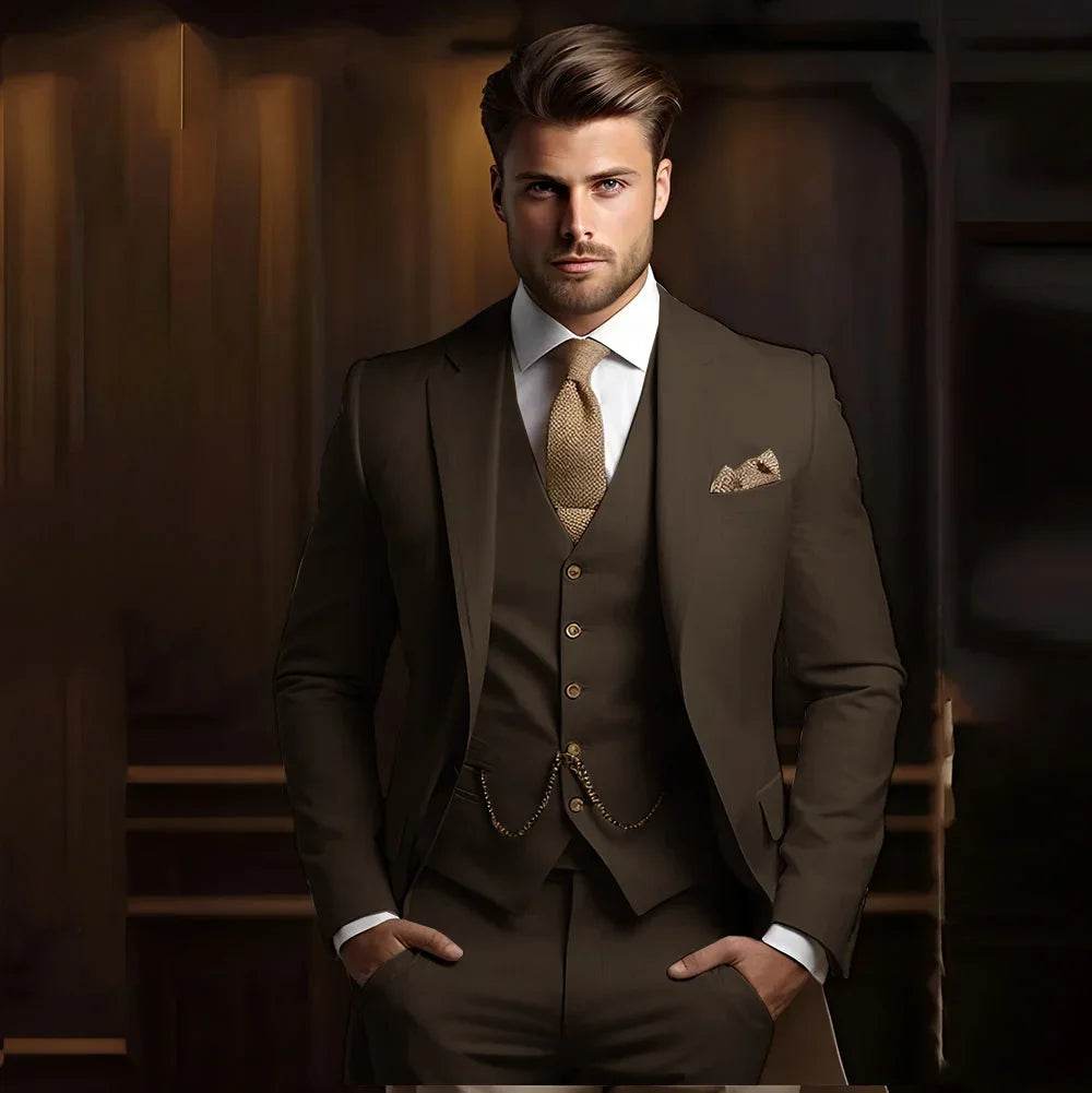 Formal Men's Suits for Groom 3 Pieces Khaki Wedding Groom Tuxedo Slim Fit 2025 Male Fashion Suit Jacket with Pants Vest - AIAZ