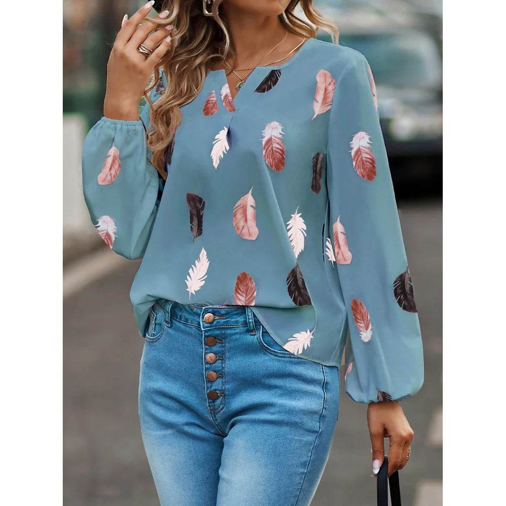 Fashion Woman Blouse Shirts For Women Stylish Top long Sleeve Feather Pattern Female Tops Elegant Chiffon Mujer Woman Clothes - AIAZ