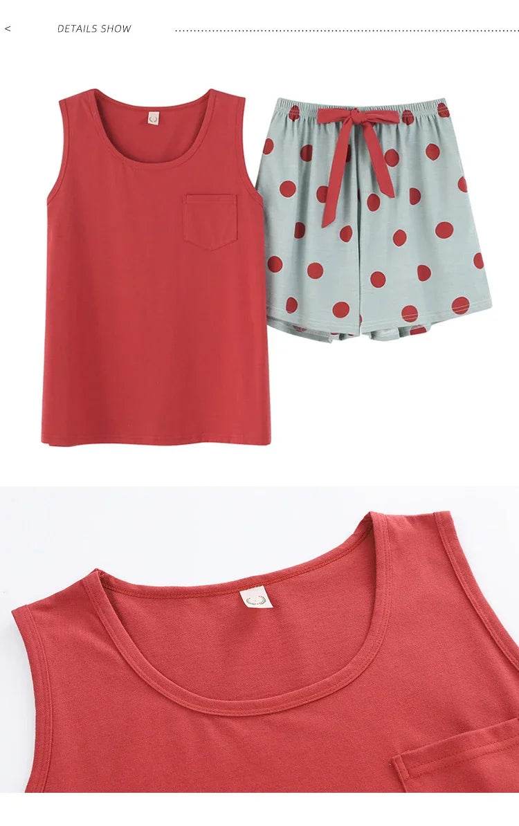New women's pajamas set summer Cotton solid color top print shorts sleepwear Korean kawaii home clothes pijama two piece set - AIAZ