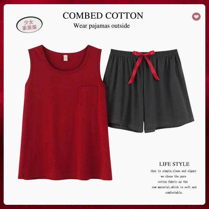 New women's pajamas set summer Cotton solid color top print shorts sleepwear Korean kawaii home clothes pijama two piece set - AIAZ