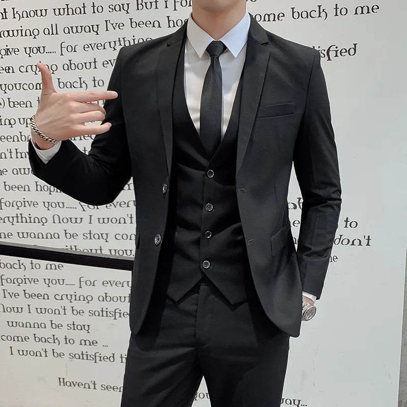 Suit (Blazer+ Vest + Pants) Men's Business Gentleman Fashion Slim Work Solid Color Plus Size Fair Dress Wedding Best Man Suit - AIAZ