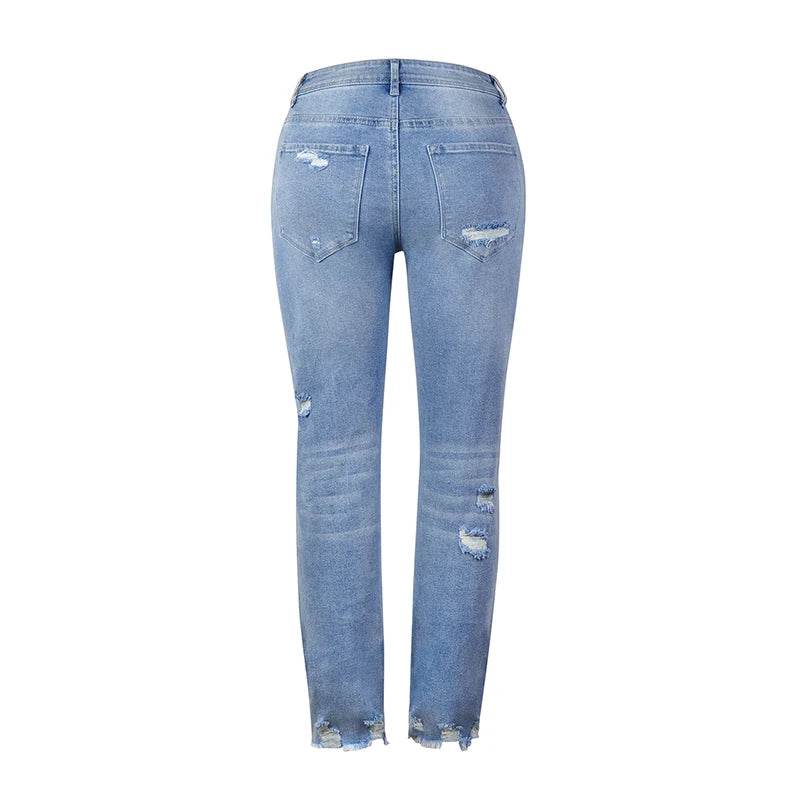Stretch Women's Jeans 2023 Trend Blue Hight Waist Ripped Casual Fashion Streetwear Denim Pencil Pants - AIAZ