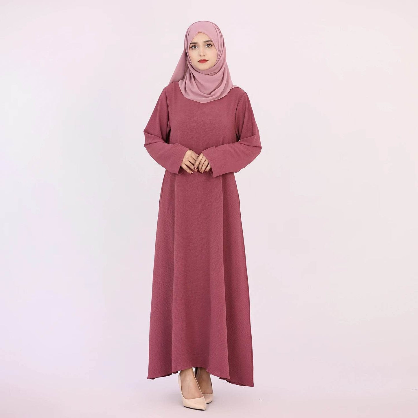 2025 Fashion Simple Muslim Dress Solid Abaya Arab Turkey Dubai Kaftan Modest Long Sleeve Maxi Dress Islamic Clothing LR593 - AIAZ