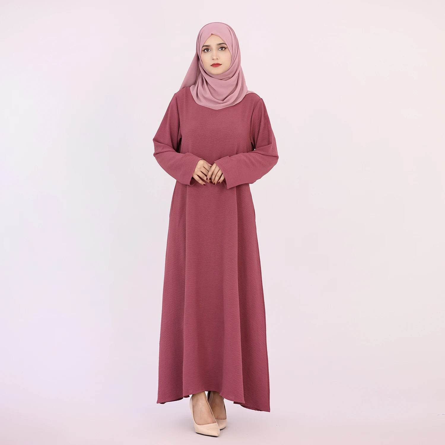 2025 Fashion Simple Muslim Dress Solid Abaya Arab Turkey Dubai Kaftan Modest Long Sleeve Maxi Dress Islamic Clothing LR593 - AIAZ