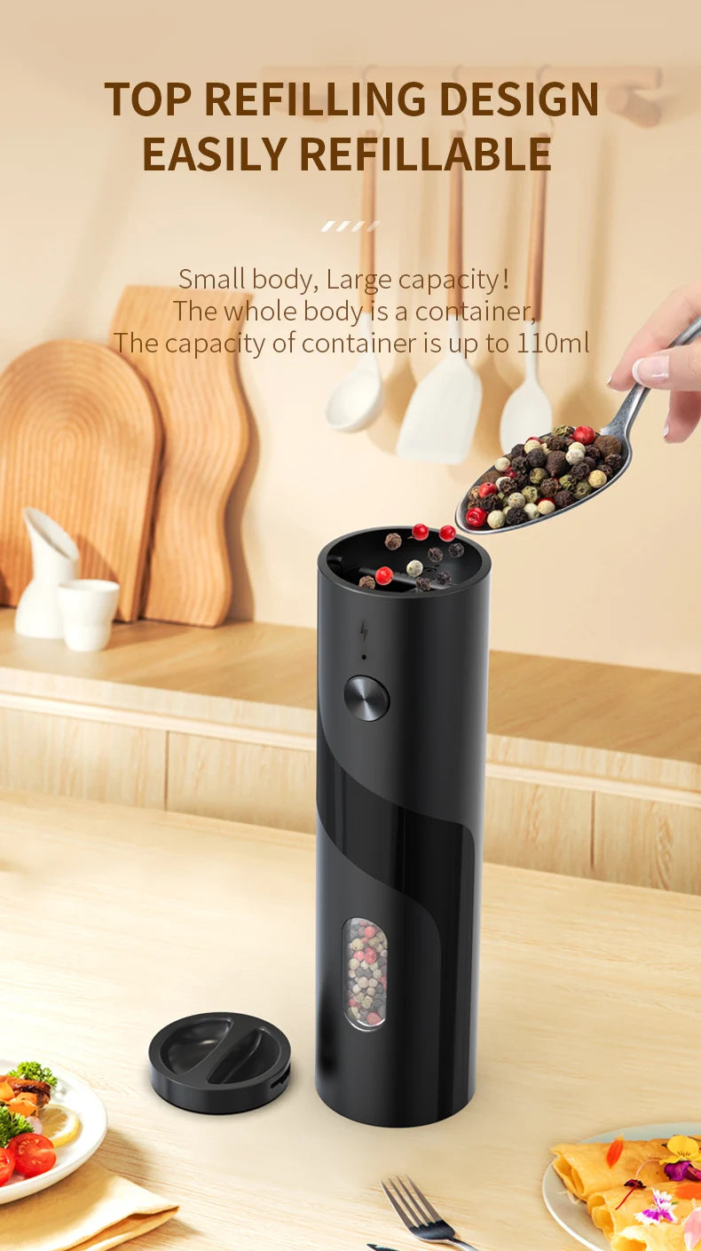 110ml Rechargeable Electric Salt and Pepper Grinder Shakers USB Automatic Djustable Coarseness Spice Mills for Kitchen Gadgets