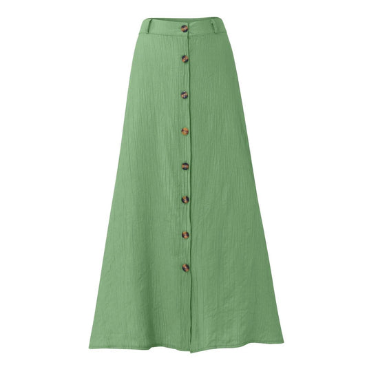 Midi Skirts For Women Bohemian Style Daily And Versatile Half Skirt Fashion Plain Color Basics High Waist Beach Button Dress - AIAZ