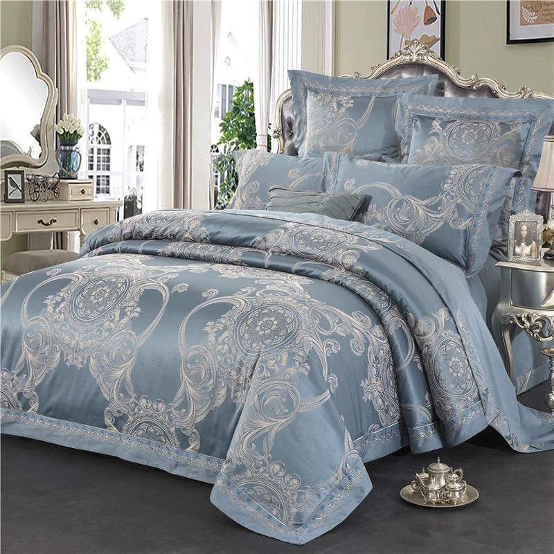 Sliver Gold Luxury Silk Satin Jacquard duvet cover bedding set queen king size Embroidery bed set bed sheet/Fitted sheet set