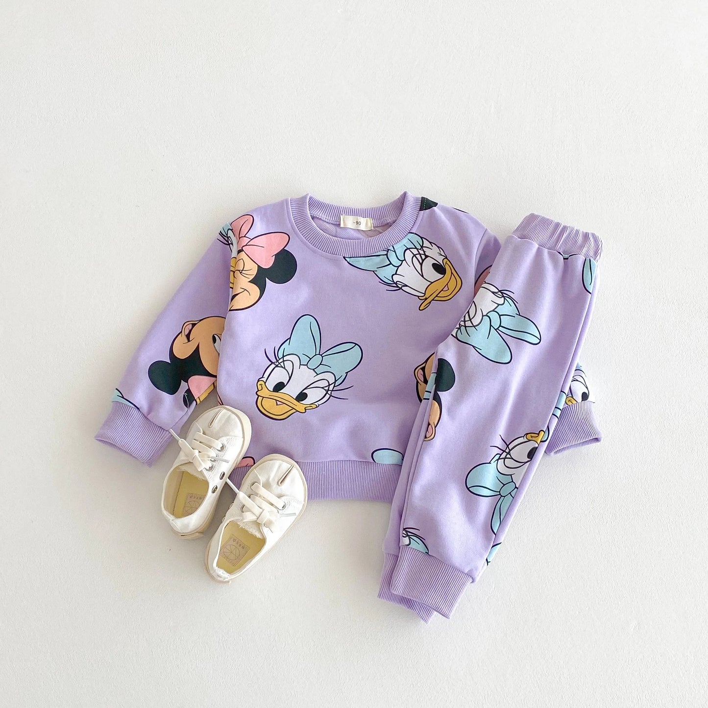 Full-print Disney Cartoon Long Sleeve Sweatshirts Set Popular Design Loose Fashion Hoodie + Sweatpants 2pc/set Kids Clothing