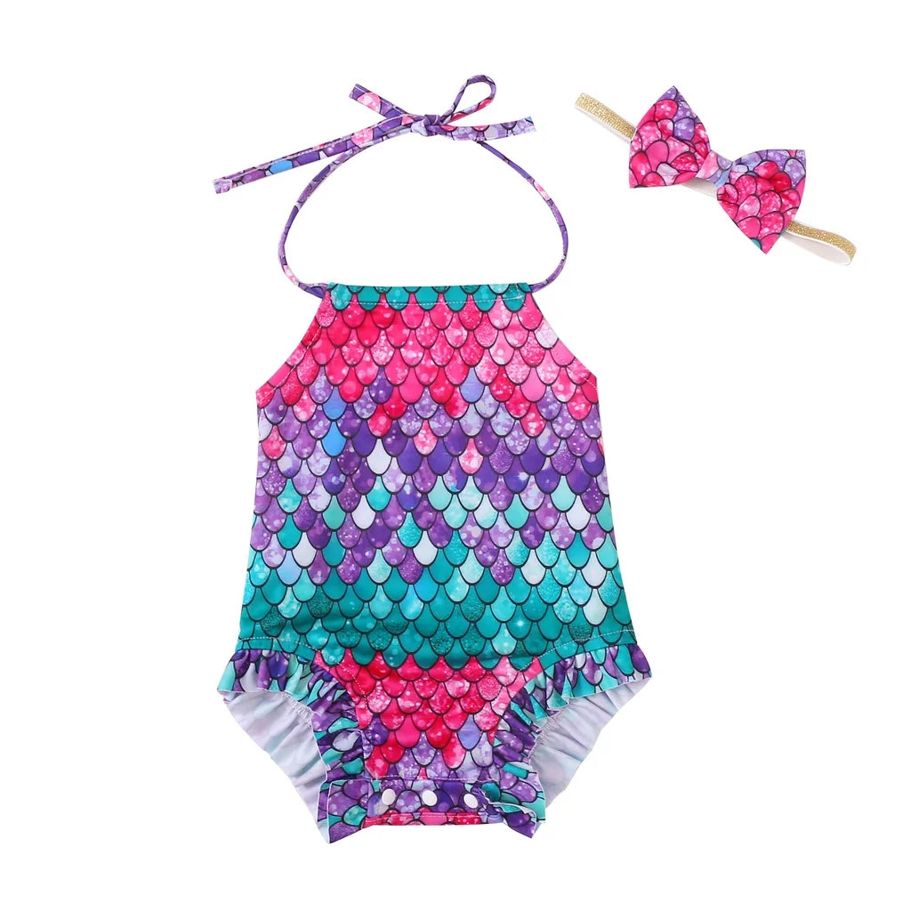 3-24 Months Baby Girl Swimsuit Mermaid Sling Bodysuit+Headwear 2PCS Set Fashion Soft Summer Toddler Girl Beach Swimming Wear