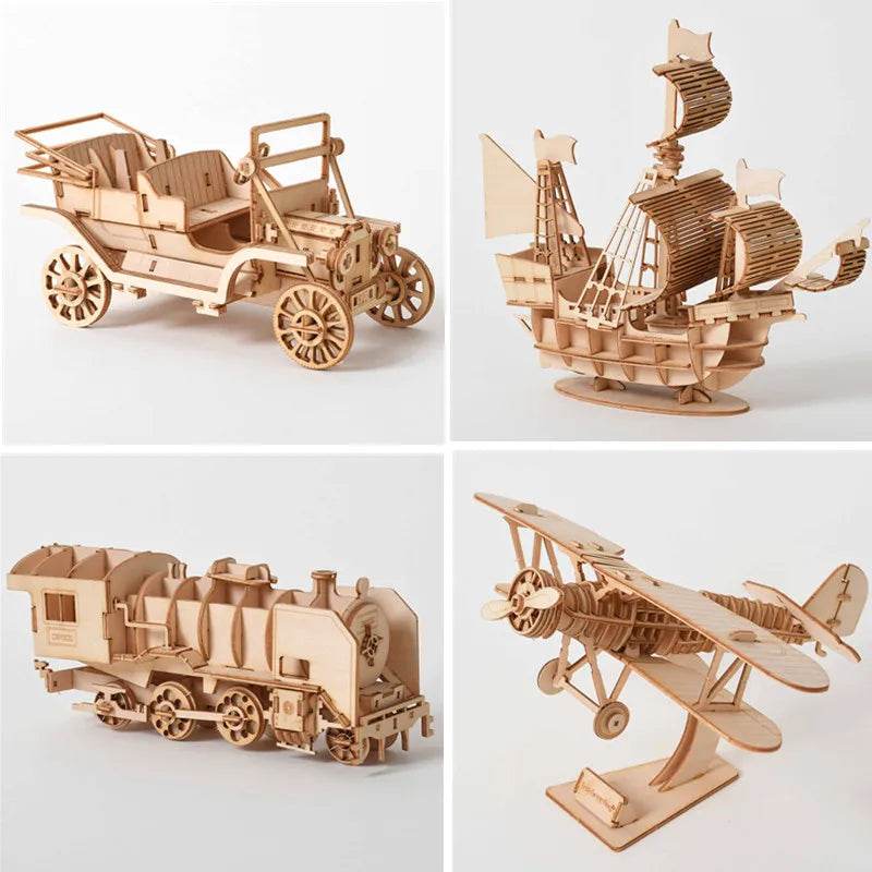 Diy 3d wooden puzzle for Assembly Puzzle Laser Cutting Sailing Ship Biplane Steam Locomotive Train Toy diy Kit for adults Child - AIAZ