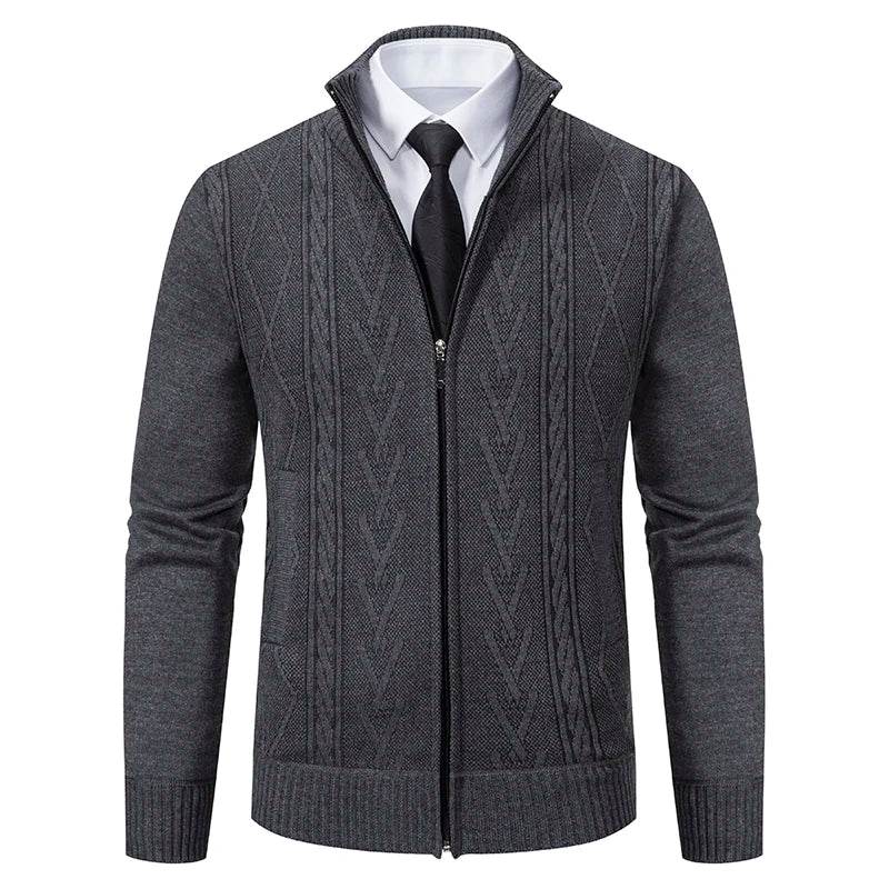 Thickened jacket men's autumn and winter warm trend line stand collar knitted cardigan sweater coat - AIAZ