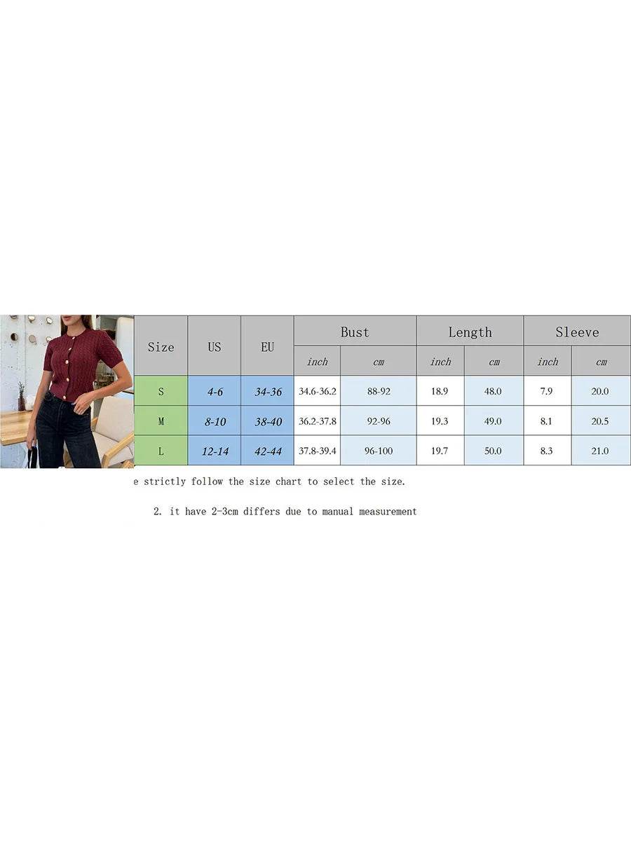 Women's Cable Knit Cardigan Solid Color Round Neck Short Sleeve Button-front Closure Crop Sweaters - AIAZ
