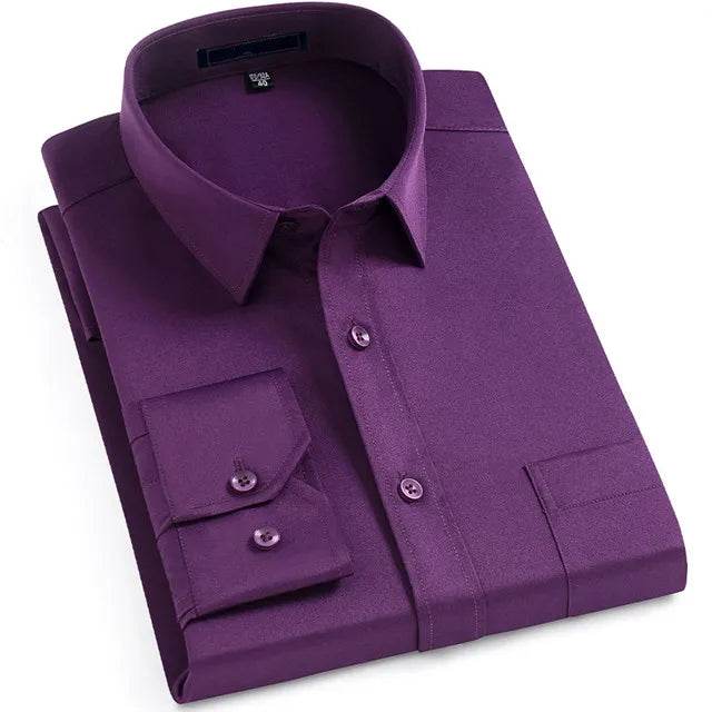 Classic Shirts For Men Long Sleeve Business Causal Stretch Soft Solid Formal Anti-wrinkle Non-iron Navy Party Wedding Blouse 5XL - AIAZ