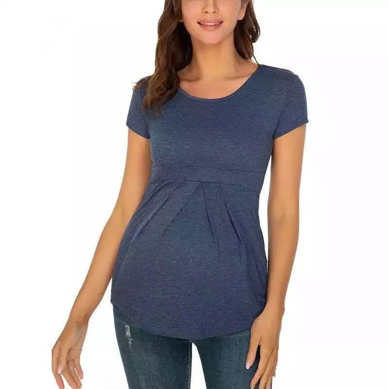 Summer Maternity Tops Women Pregnancy Short Sleeve T-Shirts Casual Tees for Pregnant Elegant Ladies Folds T-Shirt Women Clothes - AIAZ