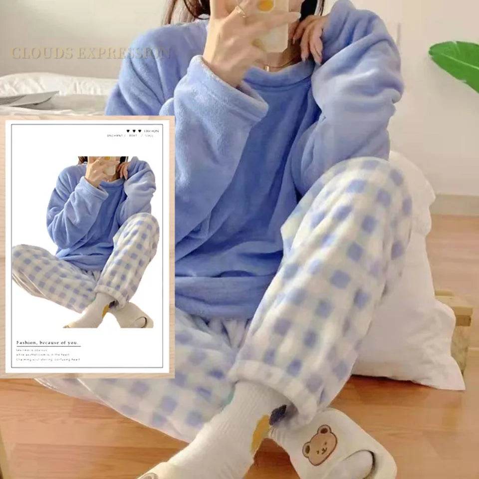 Autumn Winter Flannel Women's Pajamas Sets Polka Dots Printed Teddy Sleepwear Velvet Homewear Kawaii Girsl Pijamas Mujer Pyjama - AIAZ