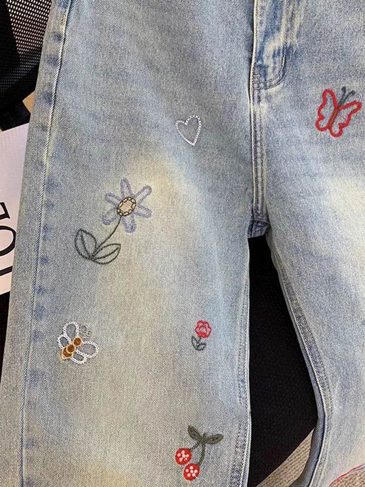 Vintage Embroidered Jeans Trousers For Women Summer 2025 New Korean Fashion High Waist Straight Retro Casual Denim Pants - AIAZ