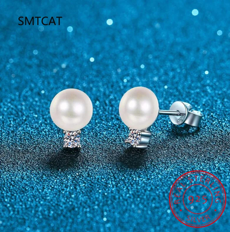 Trendy S925 Silver Natural Pearl Moissanite Earrings Women Jewelry Plated White Gold D Color Moissanite Stud Earrings