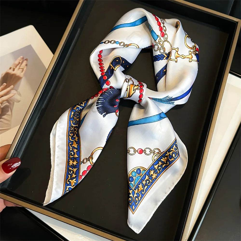 Luxury Chain Print Small Square Scarf Simulated Silk Thin Neck Scarf Fashion Sunscreen Headscarf For Women 70x70cm - AIAZ