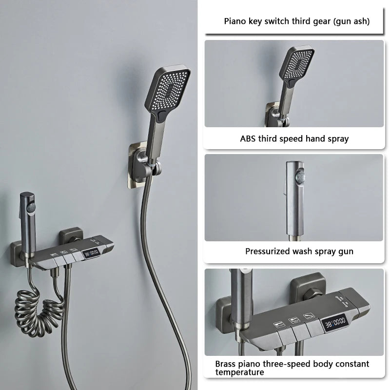 New Design Gun Grey Bathroom Shower System Set Piano Keys Brass LED Digital Shower Faucet Bath Hot and Cold Mixer Shower Tap Set