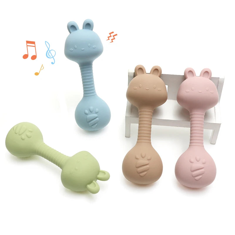 Food-Grade Baby Bunny Silicone Rattle Teether – Dumbbell Shape for Easy Grip, Handheld Toy for Infants