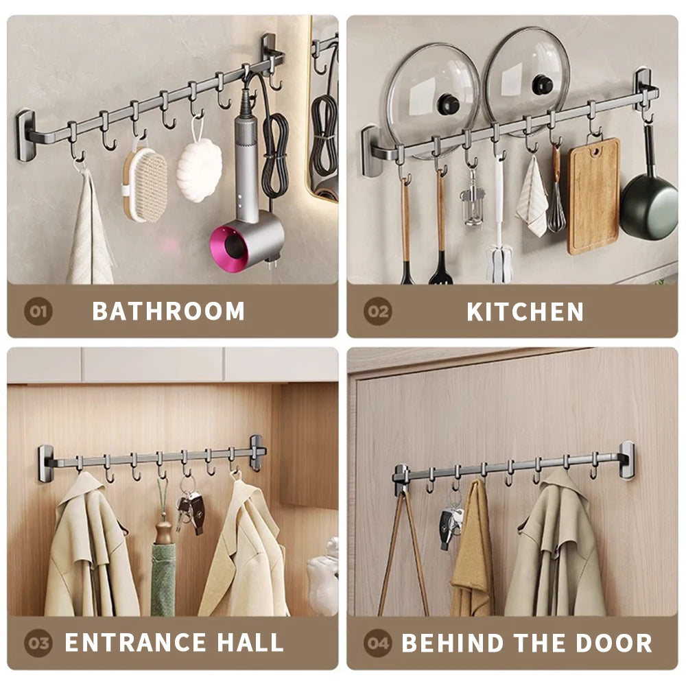 Wall Mounted Hooks Rack Kitchen Organizer Utensils Knife Holder Cutting Board Spoon Lid Storage Bathroom Towel Robe Coat Hangers