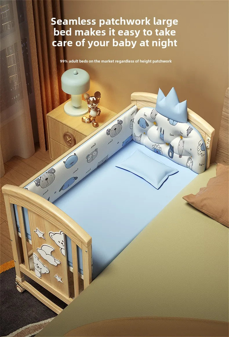 Crib Solid wood newborn baby cradle Multifunctional paint-free movable children's splicing bed air mattress 103 cm long