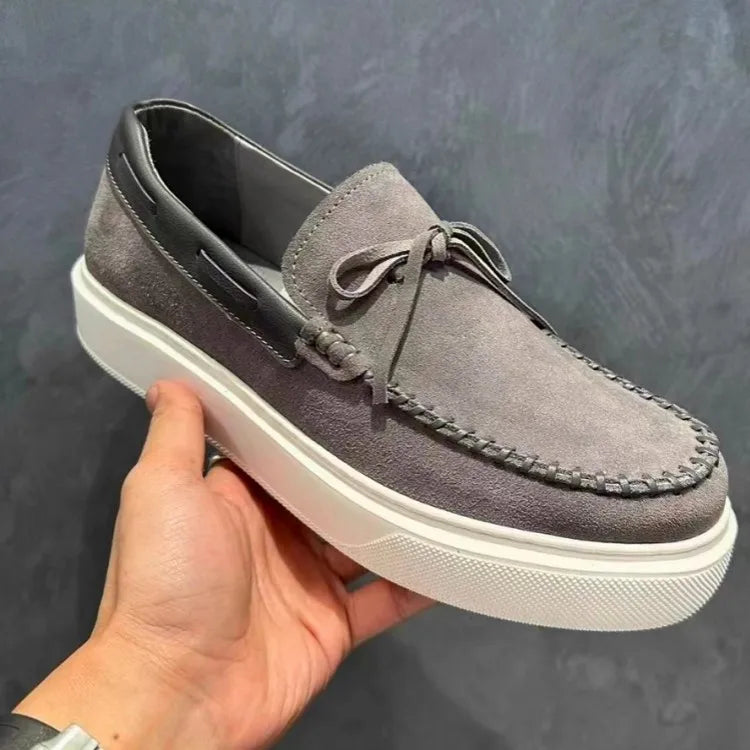 Fashion Mens Lace Up Slip On Loafers Thick Platform Real Suede Leather Business Casual Shoes Round Toe Comfortable Driving Shoes