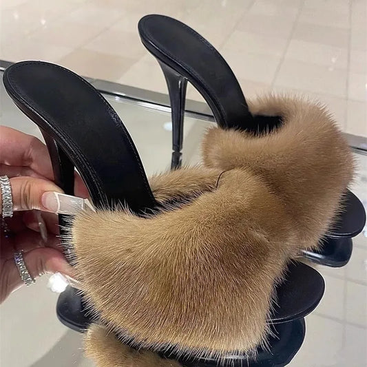 Thin high-heeled slippers summer new round-toed fish mouth fur leather fashion slippers banquet dress mink fur women's sandals
