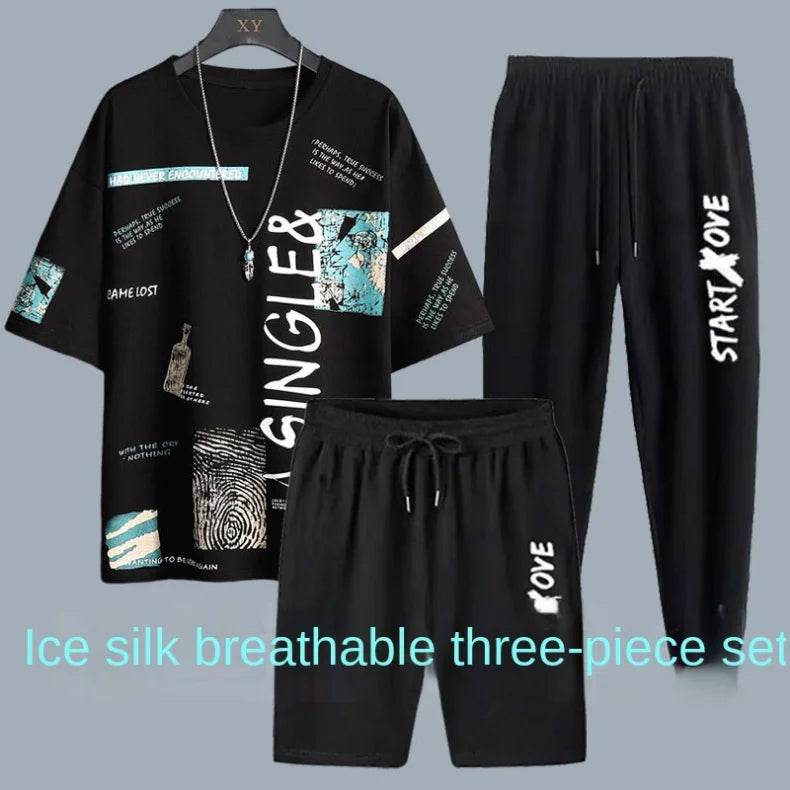Trendy short-sleeved t-shirt youth quick-drying sports shorts three-piece summer men's casual thin student suit - AIAZ
