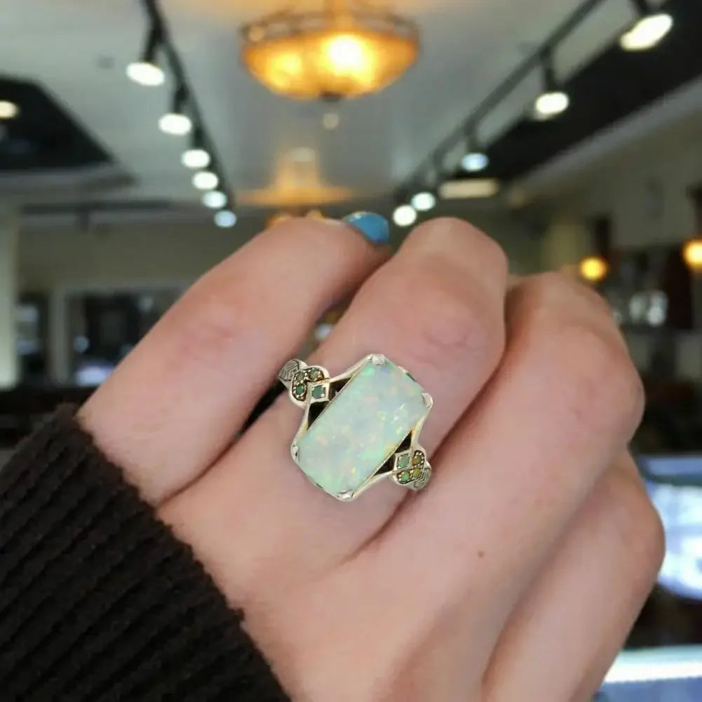 New Fashion Square White Opal Ring for Women Vintage Turquoise Rectangular Faux Gem Ring Jewelry Gifts Женская Бижутерия Тренд