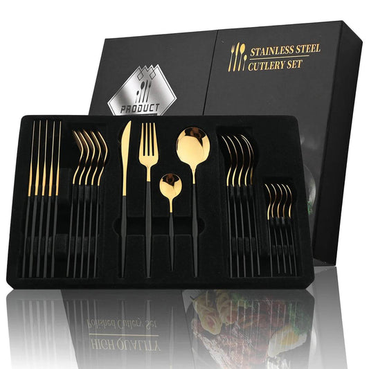 24Pcs Black Handle Golden Cutlery Set Stainless Steel Knife Fork Spoon Tableware Flatware Set Festival Kitchen Dinnerware Gift - AIAZ