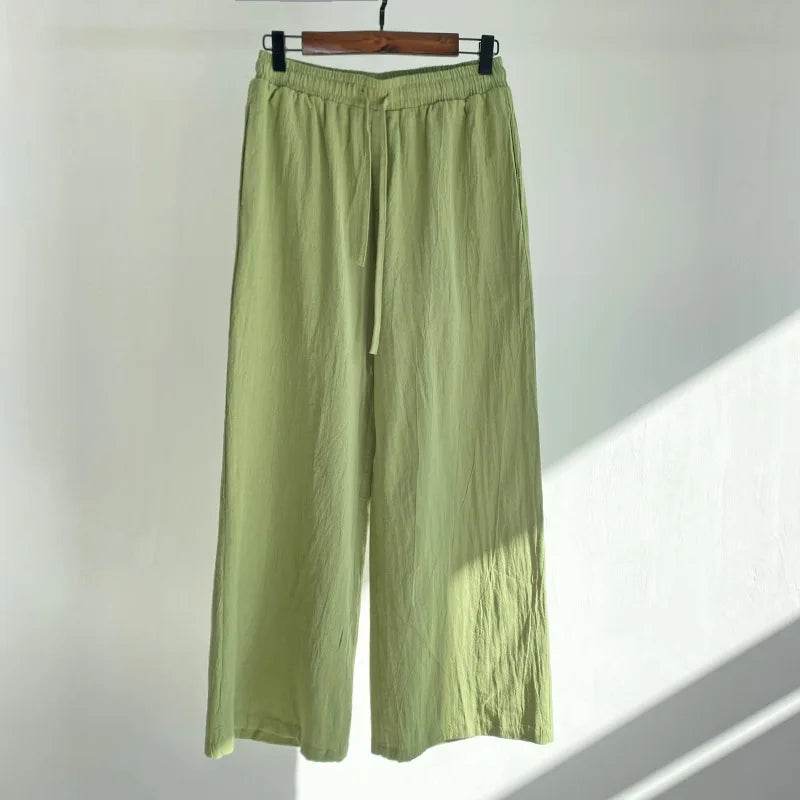 Pants Set Women Shirts Wide Leg Elastic Waist Cotton Linen Casual Sets Elegant Loose Long Sleeve Lapel Spring Shirt Y2k Suit - AIAZ