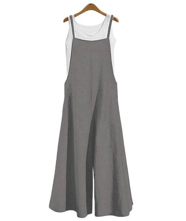 Women Straps Jumpsuit Summer Solid Color Wide Leg Pants Dungaree Bib Overalls Casual Loose Sleeveless Cotton Linen Jumpsuits 5Xl - AIAZ