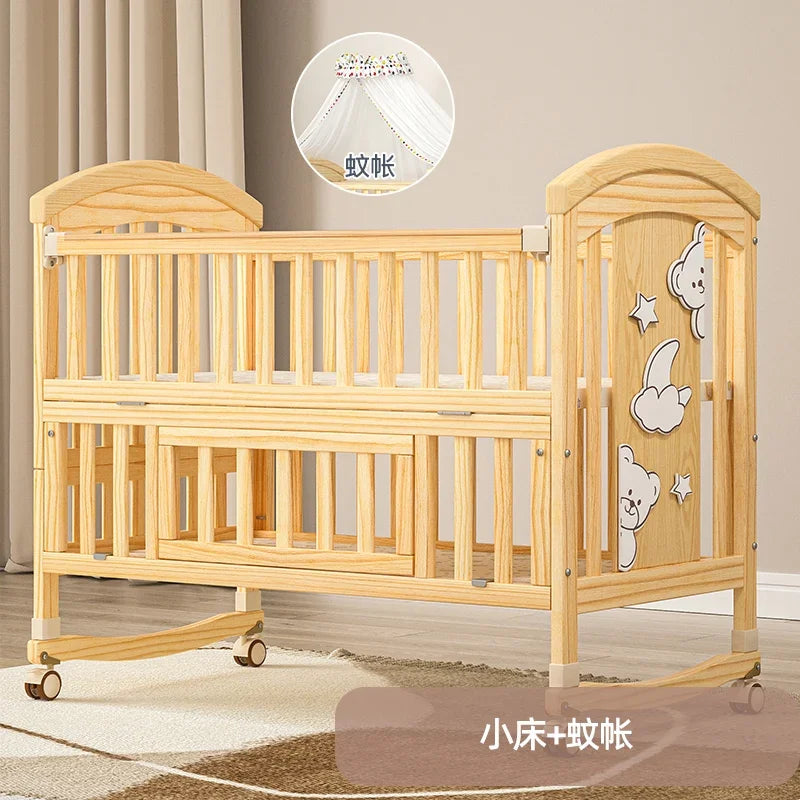 Crib Solid wood newborn baby cradle Multifunctional paint-free movable children's splicing bed air mattress 103 cm long