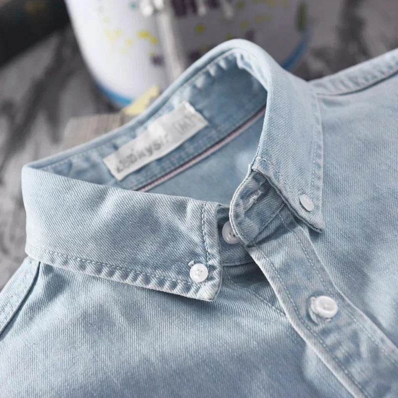 100% Cotton Autumn New Long-sleeved Denim Shirt Men Fashion Casual High Street Male Clothes Top Classic Light Blue Black Gray - AIAZ