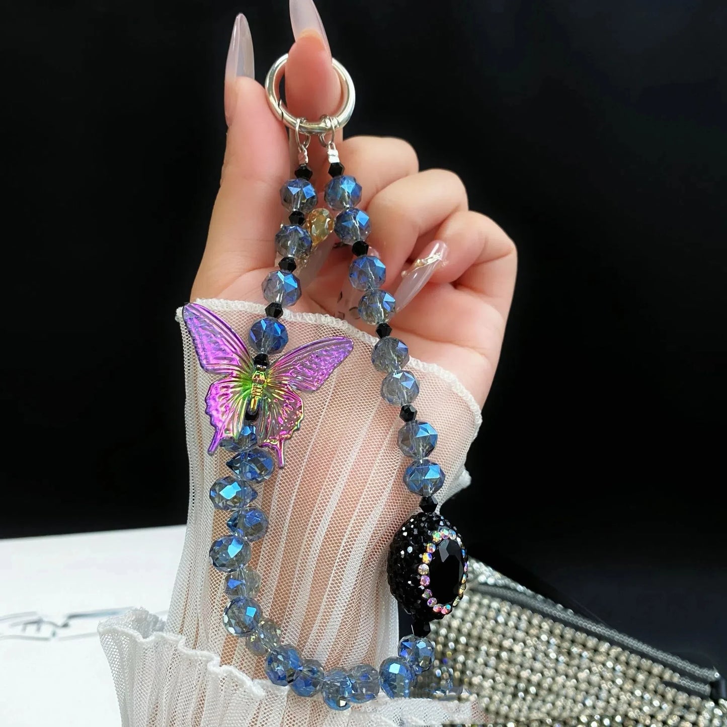 Light Luxury And High-end Phone Chain Three-dimensional Butterfly Crystal Pendant Chain Diamond Beads Keychain Anti-loss rope