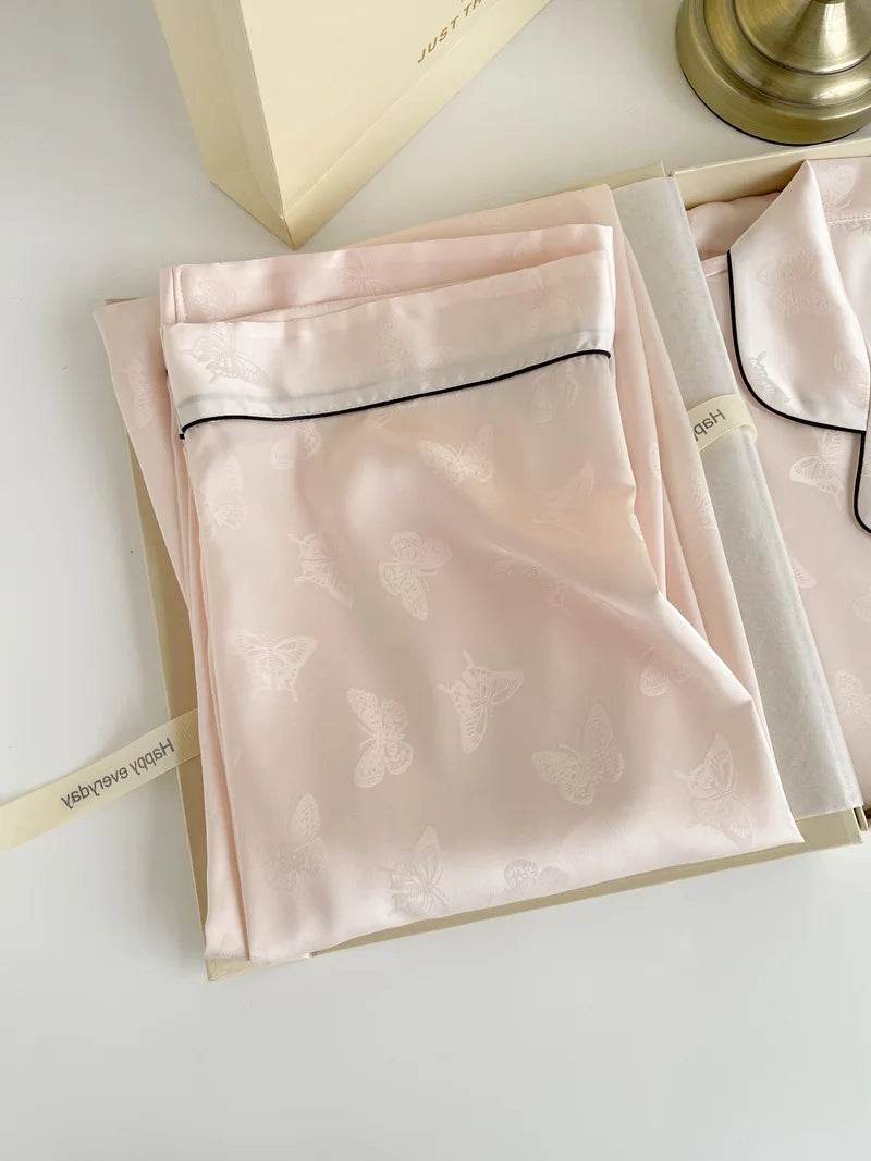 Summer Short Sleeve Pajamas Set Trouser Suits Women Sleepwear Elegant Pink Jacquard Butterfly Pyjama Pour Femme Satin Homewear - AIAZ