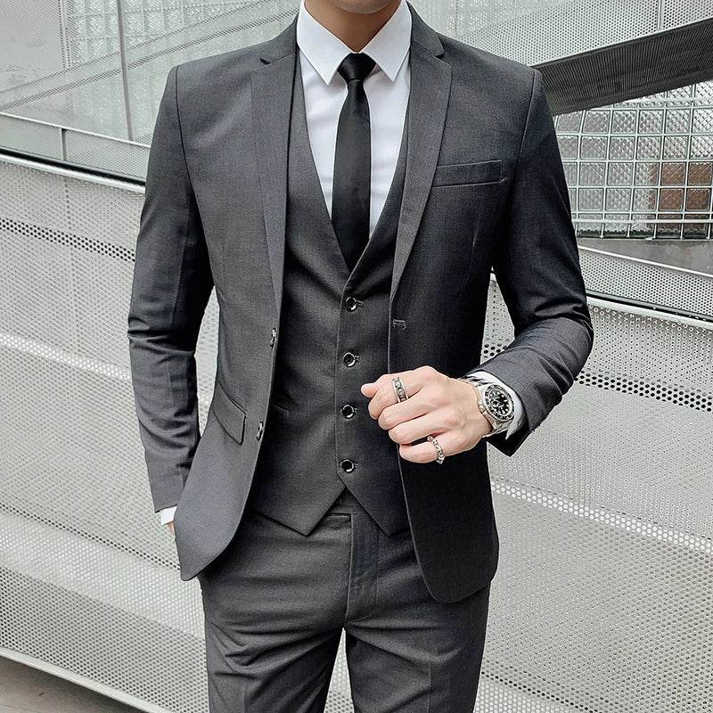 Suit (Blazer+ Vest + Pants) Men's Business Gentleman Fashion Slim Work Solid Color Plus Size Fair Dress Wedding Best Man Suit - AIAZ